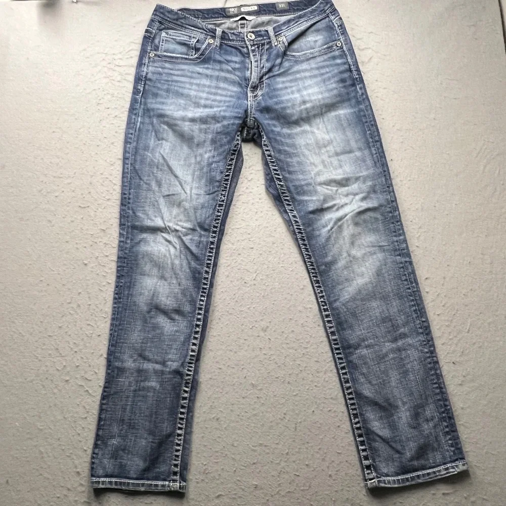 BKE Nolan Straight Leg Jeans Mens 33L Blue Medium Wash Contrast Stitch Denim